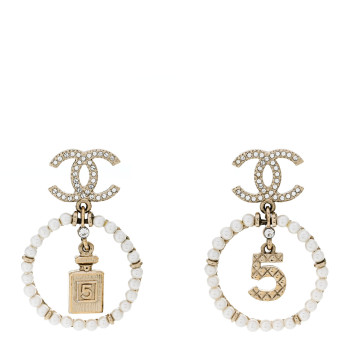 CHANEL Crystal Pearl Chanel Charms CC Drop Earrings Gold
