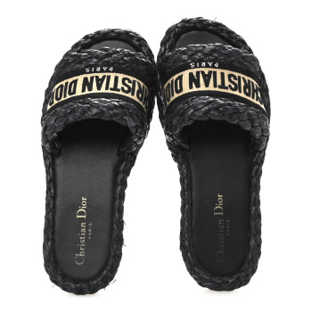 CHRISTIAN DIOR Raffia Embroidered Dway Mules Slide Sandals 37 Black