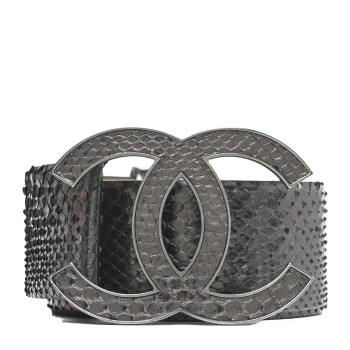 CHANEL Metallic Snakeskin CC Logo Belt 80 32 Dark Silver