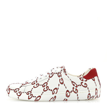 GUCCI Calfskin GucciGhost Print Mens Ace Sneakers 9 White Hibiscus Red