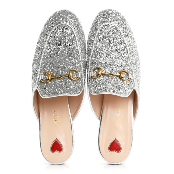GUCCI Glitter Womens Princetown Slippers 36.5 Silver