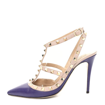 VALENTINO GARAVANI Calfskin Nappa Rockstud Ankle Strap 100mm Pumps 39.5 Dark Purple Poudre