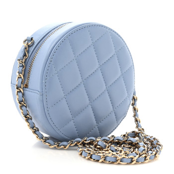 CHANEL Lambskin Quilted Round Clutch With Chain Light Blue