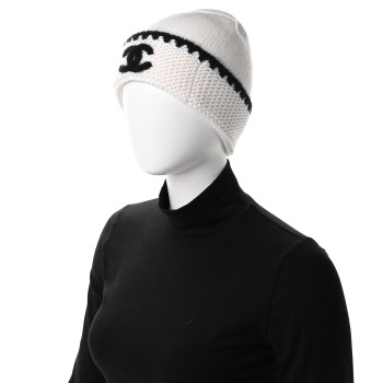 CHANEL Cashmere CC Knitted Beanie Hat Black White