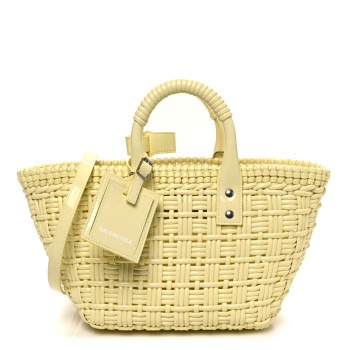 BALENCIAGA Varnished Faux Calfskin Braided XS Bistro Basket Pale Yellow