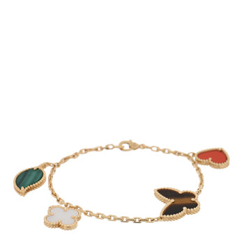 VAN CLEEF & ARPELS 18K Yellow Gold Mother of Pearl Malachite Carnelian Tiger Eye 4 Motifs Lucky Alhambra Bracelet
