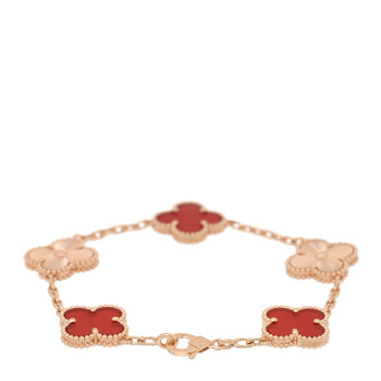 VAN CLEEF & ARPELS 18K Rose Gold Carnelian 5 Motifs Guilloche Vintage Alhambra Bracelet