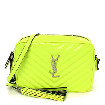 SAINT LAURENT Patent Calfskin Matelasse Monogram Lou Camera Bag Neon Yellow