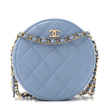 CHANEL Lambskin Quilted Round Clutch With Chain Light Blue