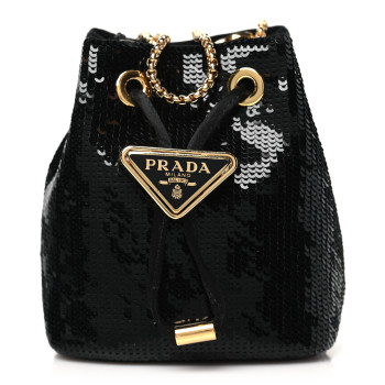 PRADA Sequin Metal Triangle Logo Bucket Bag Black