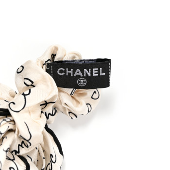 CHANEL Silk Twill Square Scarf Hair Tie White Black 1336014