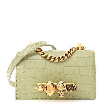 ALEXANDER MCQUEEN Calfskin Crocodile Embossed Knuckle Shoulder Bag Sage