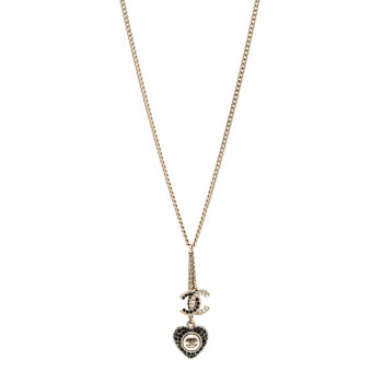 CHANEL Crystal CC Heart Necklace Black Pearly White Gold