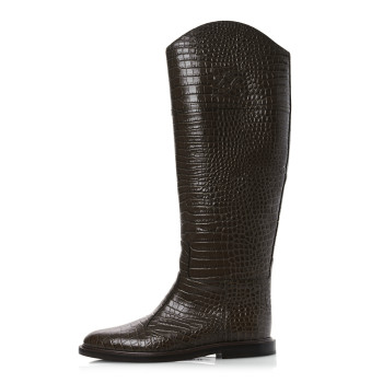 FENDI Calfskin Crocodile Embossed Karligraphy Logo Riding Boots 35.5 Maya
