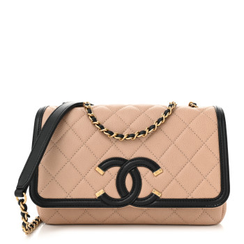 CHANEL Caviar Quilted Small CC Filigree Flap Beige Black