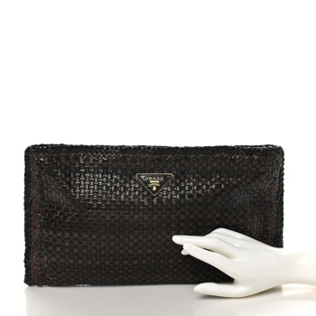 PRADA Goatskin Woven Zip Clutch Moro Black