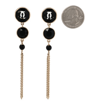 CHANEL Crystal CC Chain Tassel Drop Earrings Gold Black