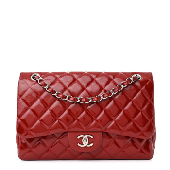 CHANEL Patent Quilted Jumbo Double Flap Red