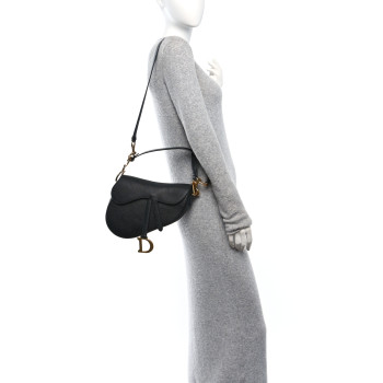 CHRISTIAN DIOR Grained Calfskin Saddle Bag With Strap Black