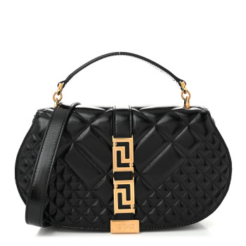 VERSACE Calfskin Quilted Greca Goddess Shoulder Bag Black