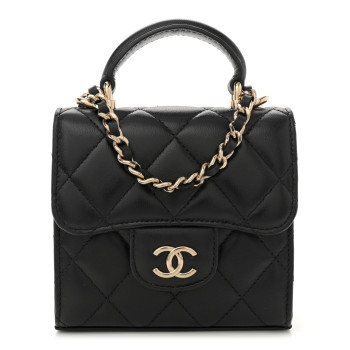 CHANEL Lambskin Quilted Top Handle Flap Clutch With Chain Black