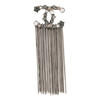 CHANEL Metal Pearl Chain Fringe CC Brooch Silver