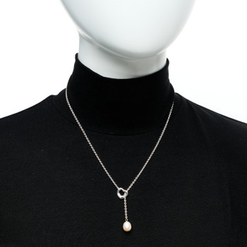 TIFFANY Sterling Silver Cultured Pearl 7.5-8mm Elsa Peretti Open Heart Lariat Necklace