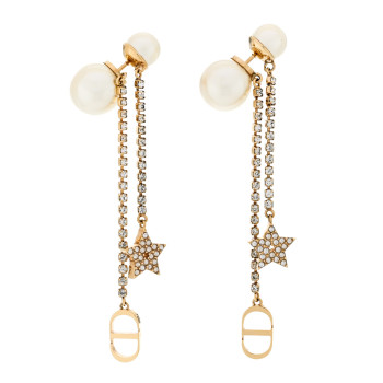 CHRISTIAN DIOR Pearl Crystal Star Tribale Dangle Chain Earrings Gold