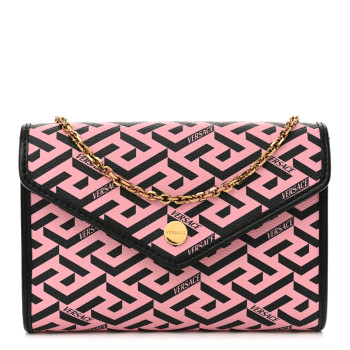 VERSACE Coated Canvas La Greca Signature Wallet On Chain Black Pink