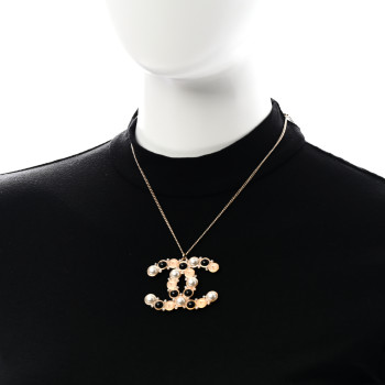 CHANEL Crystal Pearl CC Chain Necklace Gold Black