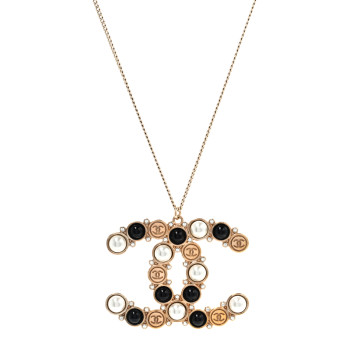 CHANEL Crystal Pearl CC Chain Necklace Gold Black