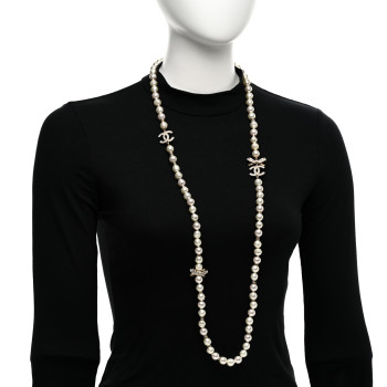 CHANEL Crystal Pearl CC Bow Long Necklace Light Gold