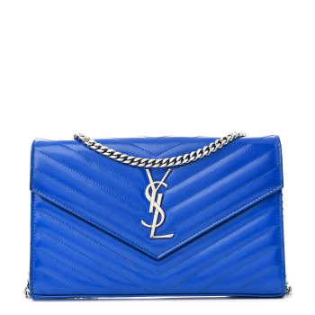 SAINT LAURENT Patent Grain De Poudre Matelasse Chevron Monogram Chain Wallet Blue Majorelle SAINT LAURENT Patent Grain De Poudre Matelasse Chevron Monogram Chain Wallet Blue Majorelle
