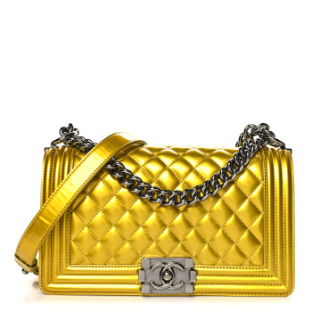 CHANEL Metallic Patent Calfskin Quilted Medium Boy Flap Gold