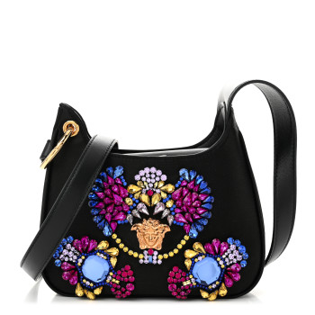 VERSACE Satin Crystal Embellished La Medusa Mini Hobo Bag Black Multicolor
