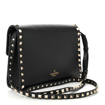 VALENTINO GARAVANI Pebbled Calfskin Medium Rockstud Flip Lock Crossbody Bag Black