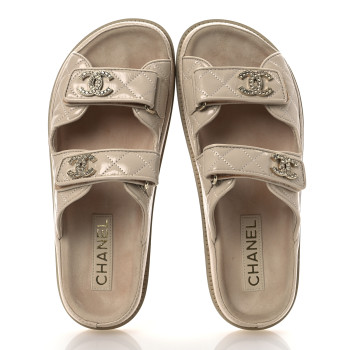 CHANEL Shiny Calfskin Crystal Quilted Velcro Dad CC Slide Sandals 38 Light Beige