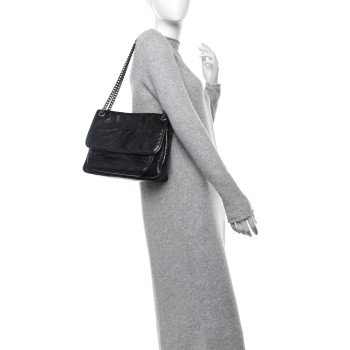 SAINT LAURENT Crinkled Calfskin Matelasse Monogram Medium Niki Chain Satchel Black