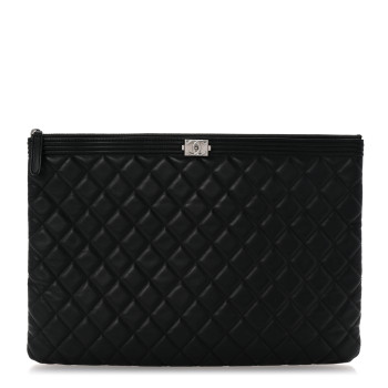 CHANEL Lambskin Quilted Large Boy Cosmetic Case Black