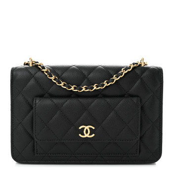 CHANEL Caviar Quilted Pocket Clutch With Chain WOC Black
