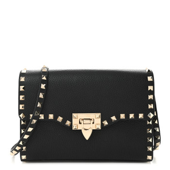 VALENTINO GARAVANI Pebbled Calfskin Medium Rockstud Flip Lock Crossbody Bag Black