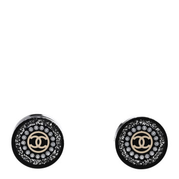 CHANEL Crystal Pearl CC Round Earrings Black Silver
