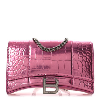 BALENCIAGA Metallic Shiny Calfskin Crocodile Embossed Hourglass Chain Bag Pink