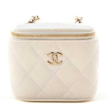 CHANEL Lambskin Quilted Mini Camellia Bow Vanity Case With Chain White