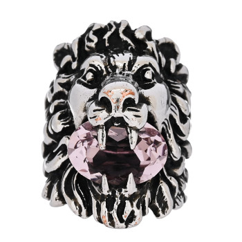 GUCCI Metal Crystal Lion Head Ring 6.25 Pink Silver