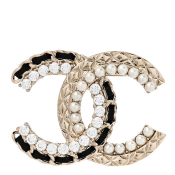 CHANEL Lambskin Pearl Crystal Quilted CC Brooch Black Gold Black