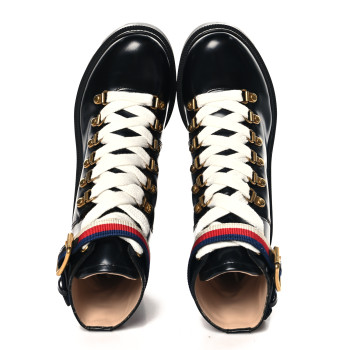 GUCCI Calfskin Sylvie Web Lace Up Combat Boots 35 Black