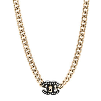 CHANEL Crystal Pearl CC Lock Short Necklace Gold Black