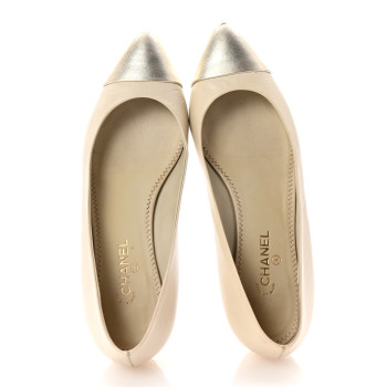 CHANEL Lambskin Coco Line Pointed Toe Ballerina Flats 36 Light Beige Gold