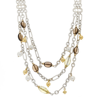 DAVID YURMAN Sterling Silver 18K Yellow Gold Cultured Pearl Citrine Smoky Quartz Multi Strand Necklace
